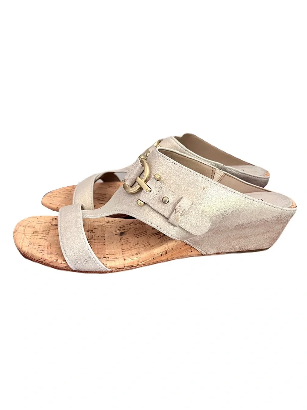 Donald Pliner Champagne Beige Metallic Leatger ‘Dayna’ Wedge Sandals, Size 8
